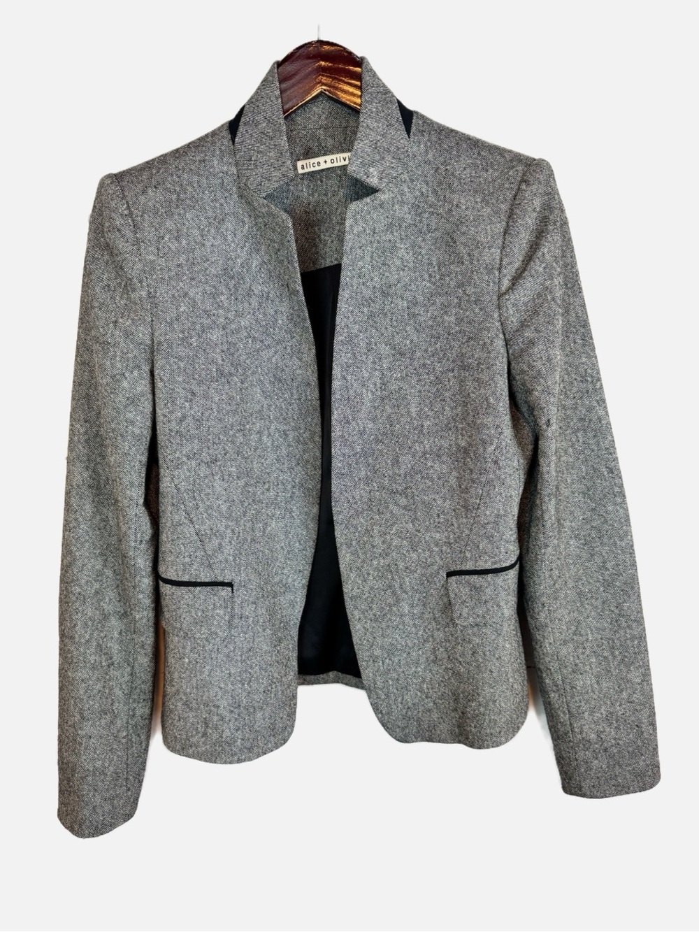 Alice + Olivia | Gray Tweed Open Blazer W Popped Collar, 6